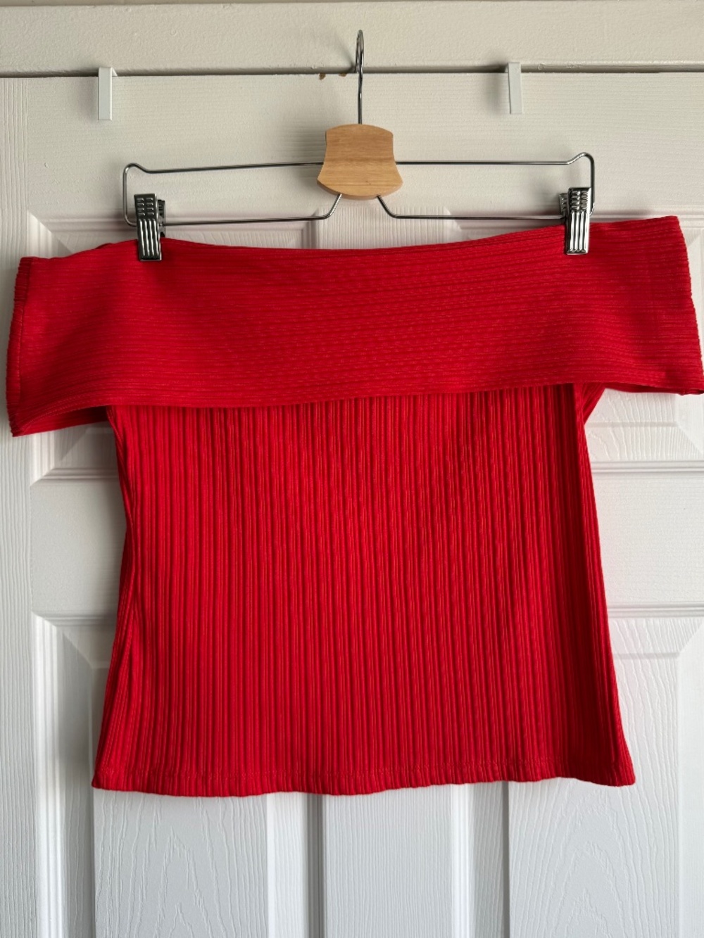 Madewell Ribbed Knit Off-the-Shoulder Short Sleeve Top Red Size M